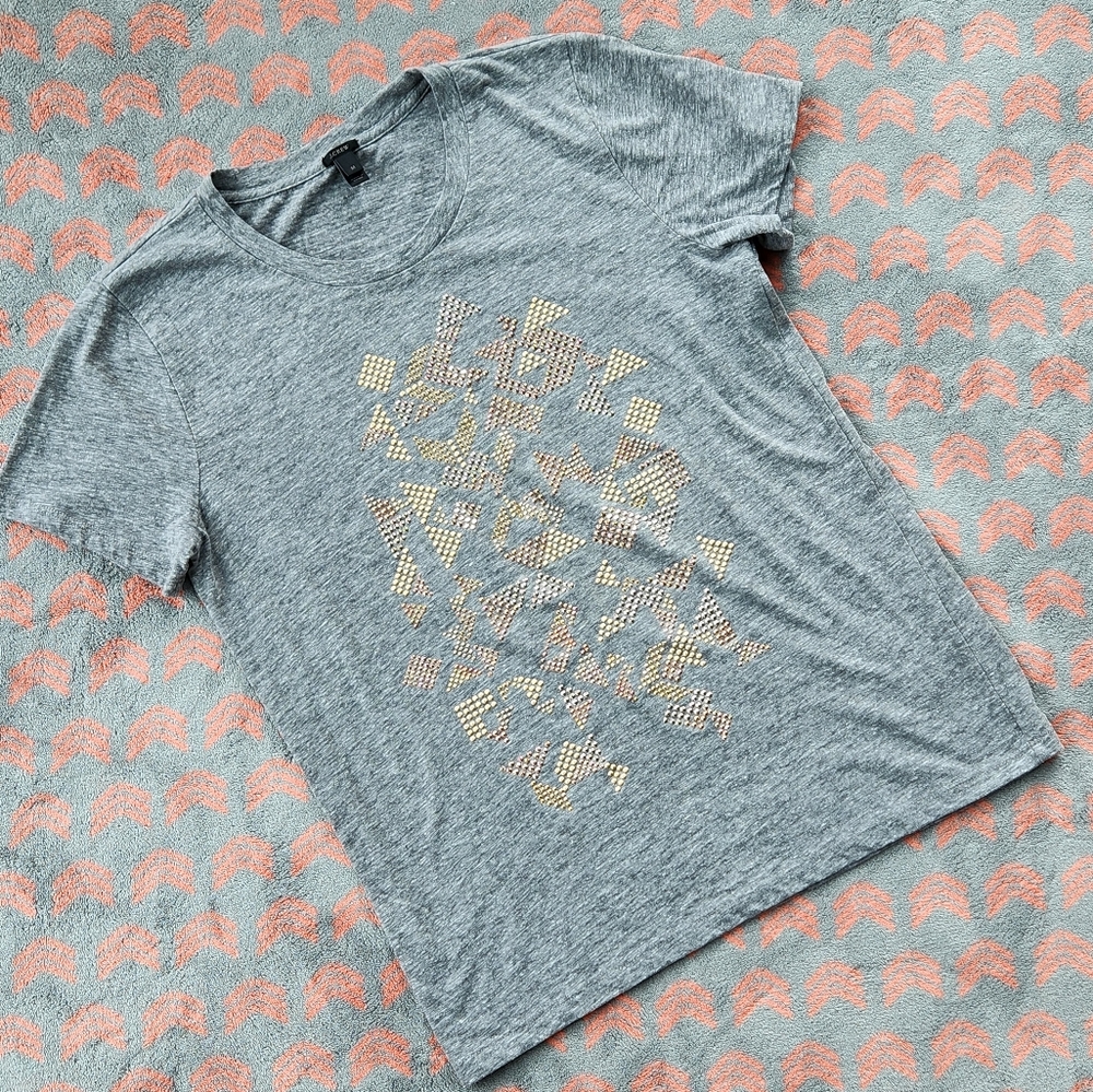 J. Crew Gold and Copper Metallic Embellished Grey Tissue Tee Size Medium